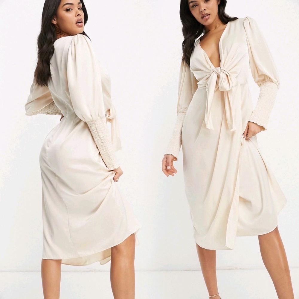 Plunge Tie Front Long Sleeve Midi Dress